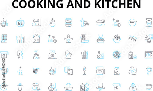 Cooking and kitchen linear icons set. Whisk, Grate, Bake, Saute, Simmer, Boil, Roast vector symbols and line concept signs. Chop,Slice,Fry illustration