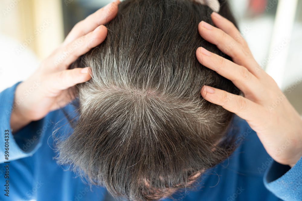 Fototapeta premium Head of an elderly woman with gray hair that grew after dyeing