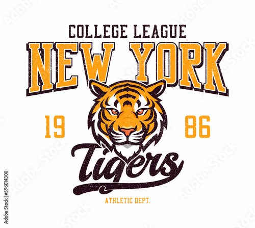 New York city college league, tigers team t-shirt design. College tee shirt print design with tiger head and grunge. Graphics for print product, t shirt, vintage sport apparel. Vector.