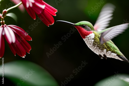 Hummingbird fly and drink nectar from dark red flower, forest jungle background, macro style, Generative AI