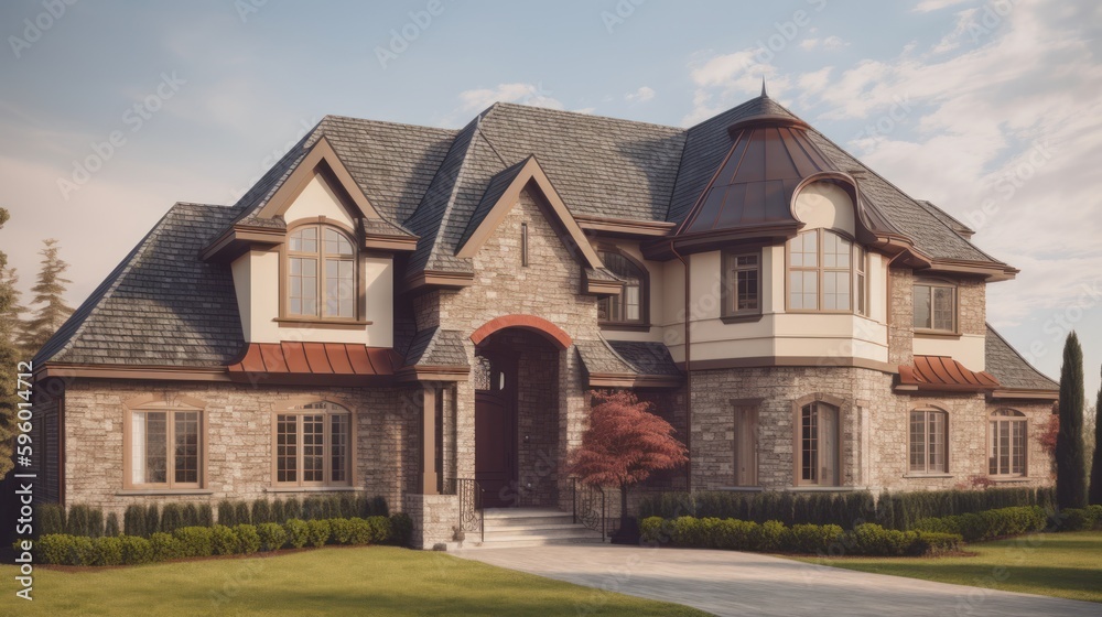 Mcmansion exterior house design in daytime golden hour generative ai