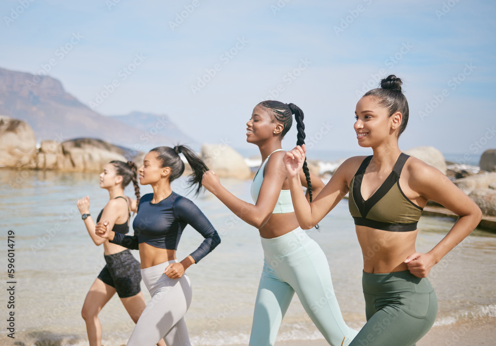 Cardio is cleansing for the soul. a group of women jogging together on the beach. Cardio is cleansing for the soul. a group of women jogging together on the beach.