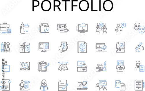 Portfolio line icons collection. Collection, Compilation, Anthology, Assortment, Array, Grouping, Stockpile vector and linear illustration. Depiction,Contingent,Cluster outline signs set
