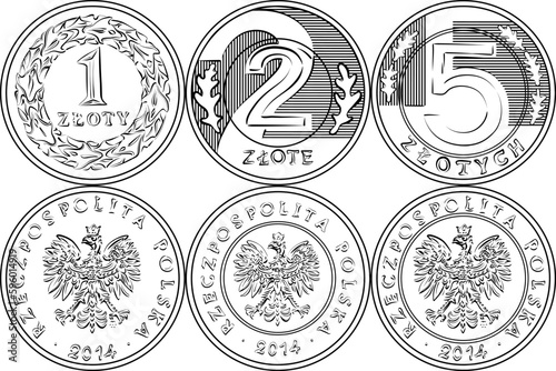 Vector reverse and obverse Polish Money one, two and five zloty gold and silver coins. Black and white photo