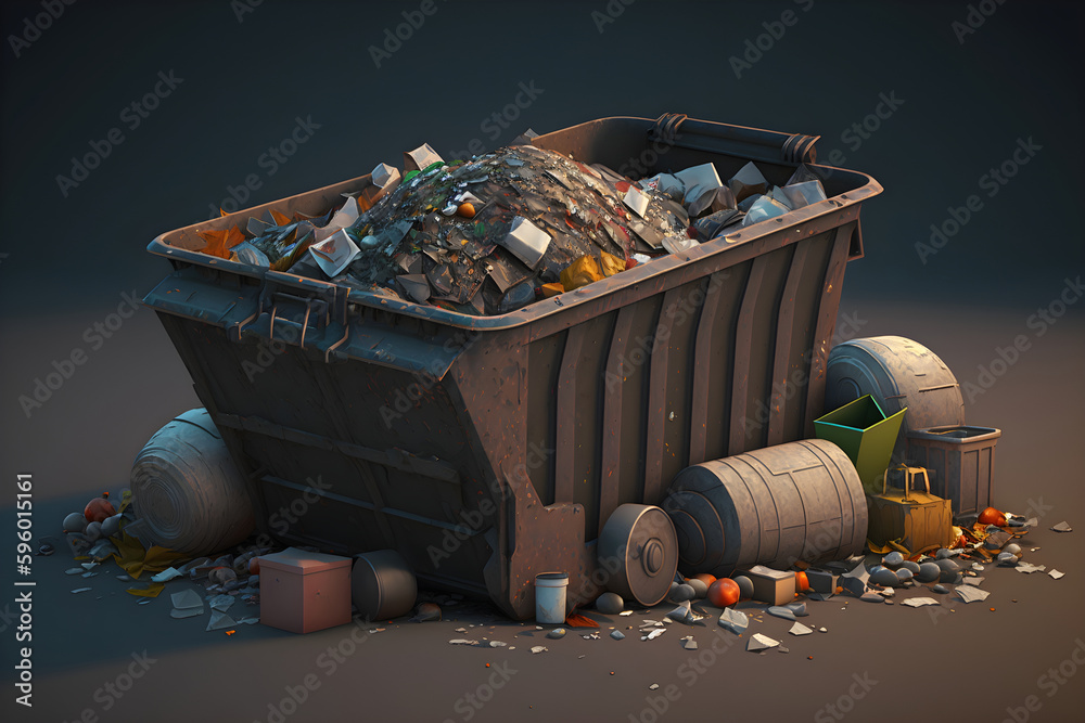 Trash container with garbage. Various dirty objects are scattered ...
