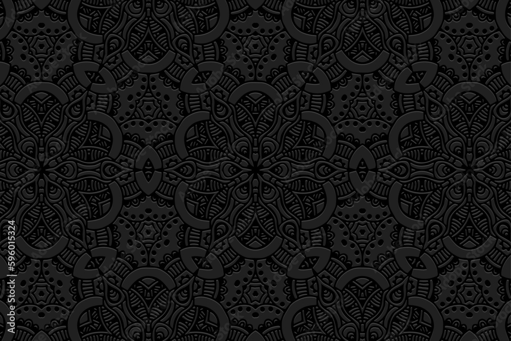 Embossed black background, tribal cover design. Geometric unique 3D pattern, press paper, leather. Boho, handmade. Dudling, zentangle. Ethnic ornaments of the East, Asia, India, Mexico, Aztecs, Peru.