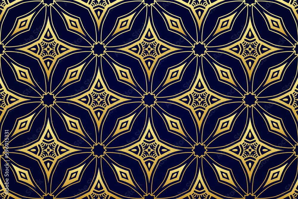 Luxury blue background with islamic, persian, indian pattern, arabesque, arabic geometric golden texture. Ethnic oriental patterns, tribal artistic ornaments, doodle. Stained glass style.

