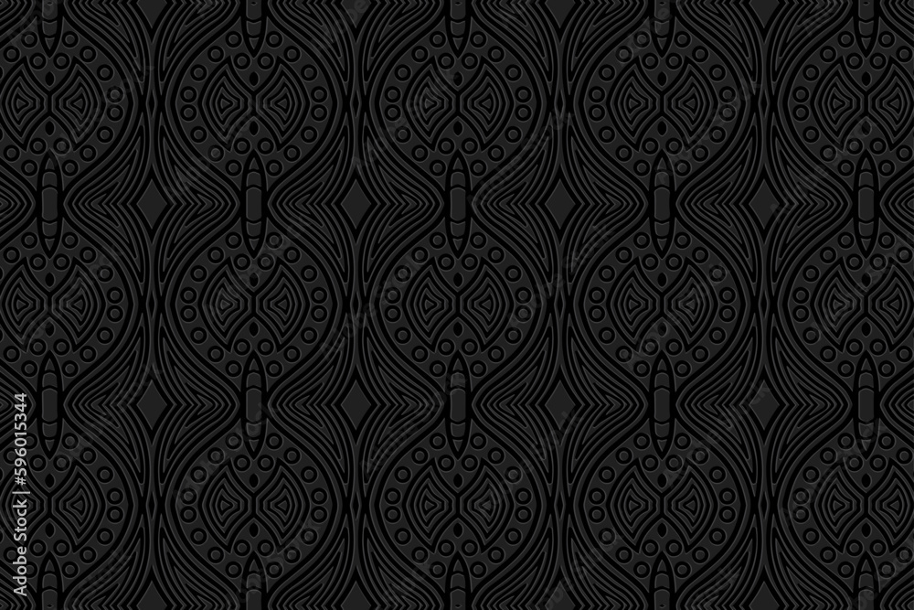 Embossed black background, tribal cover design. Geometric exotic 3D pattern, press paper, leather. Boho, handmade. Dudling, zentangle. Ethnic ornaments of the East, Asia, India, Mexico, Aztecs, Peru.