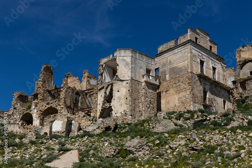 Craco  Basilicata. Abandoned city. A ghost town built on a hill and abandoned due to geological problems. Surreal look  horror film scenery. Panorama of the Calanchi Park.