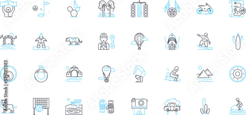 Thrill-seeking trip linear icons set. Adventure, Excitement, Adrenaline, Rush, Thrill, Danger, Fear line vector and concept signs. Courage,Exploration,Challenge outline illustrations