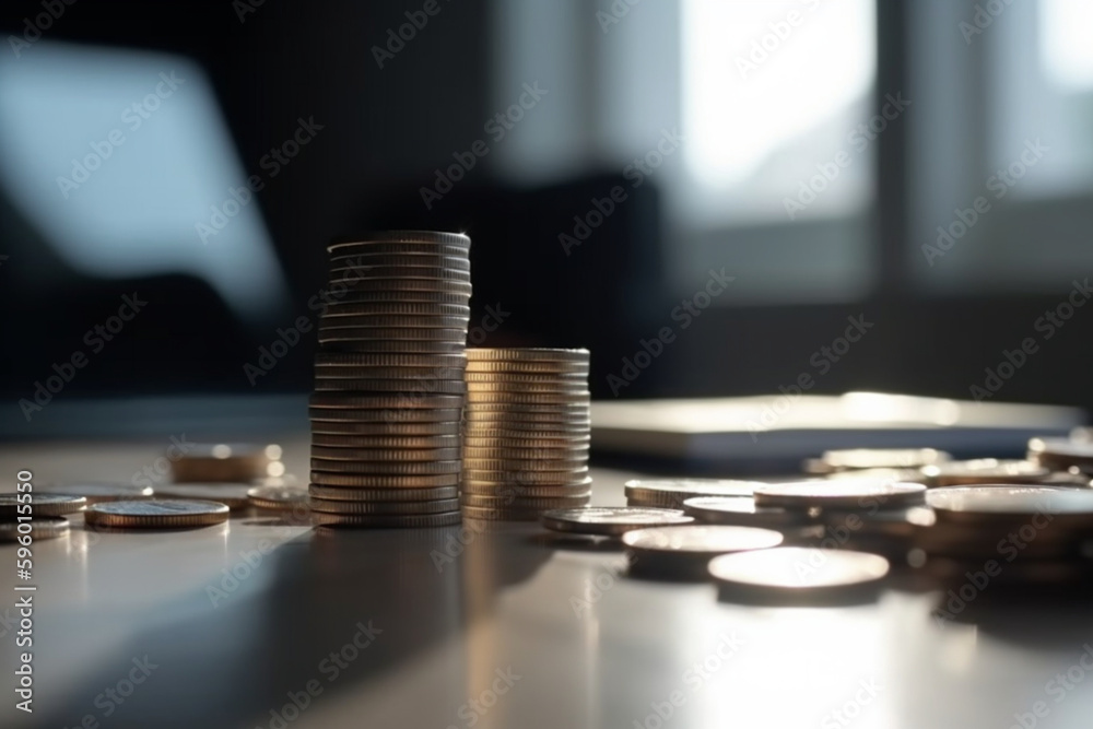 Stack of coins and laptop computer on wooden table with sunlight background Generative ai Stack of coins and laptop computer on wooden table with sunlight background Generative ai