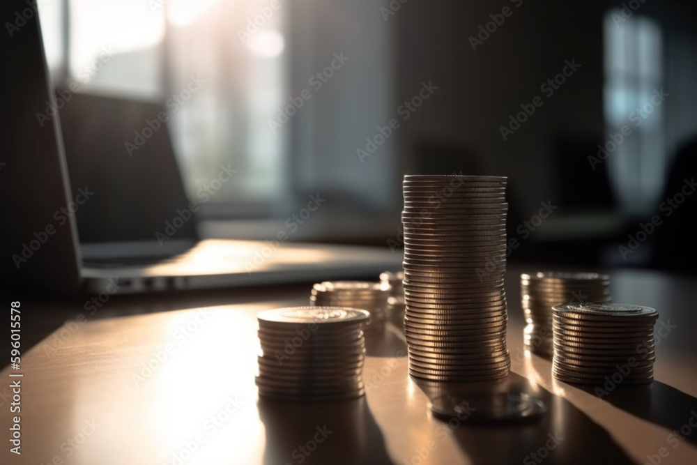 Stack of coins and laptop computer on wooden table with sunlight background Generative ai Stack of coins and laptop computer on wooden table with sunlight background Generative ai