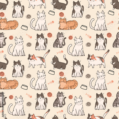 Fototapeta Naklejka Na Ścianę i Meble -  Simple and cute kitties, cats seamless pattern for kids. Creative kids texture for fabric, wrapping, textile, wallpaper, apparel etc.