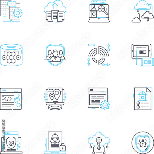 Nerk encryption linear icons set. Encryption, Security, Privacy, Cryptography, Protection, Cybersecurity, Algorithm line vector and concept signs. Decryption,Key,Secure outline illustrations
