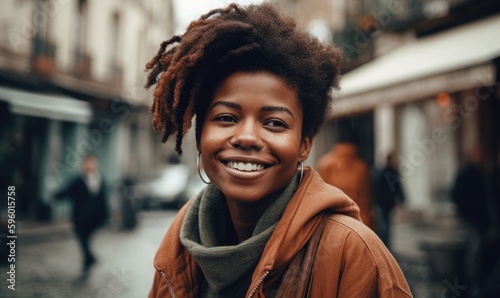 Cheerful black woman on street, generative AI