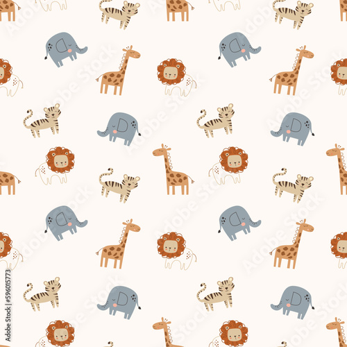 Simple and cute elephants, tigers, giraffes, lions seamless pattern for kids. Creative kids texture for fabric, wrapping, textile, wallpaper, apparel etc. 