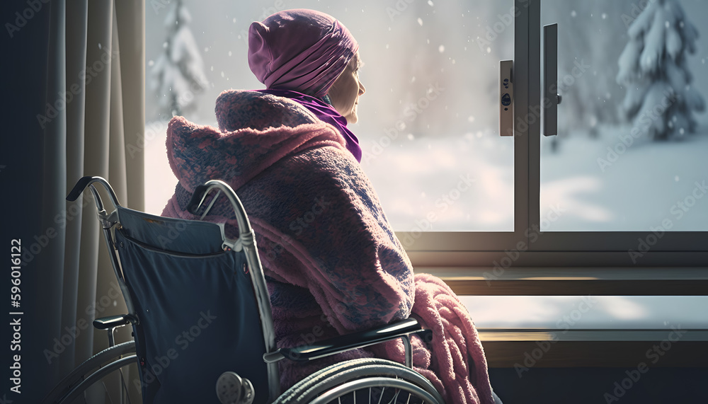 Lonely woman in scarf with cancer in wheelchair looks out window, remembers passing life. Generation AI - obrazy, fototapety, plakaty 