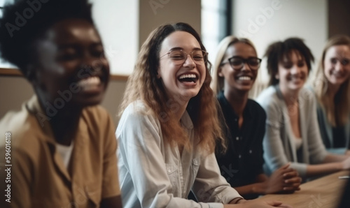 Diverse group of young businesspeople laughing while sitting together in a row at an office desk during a meeting, generative AI