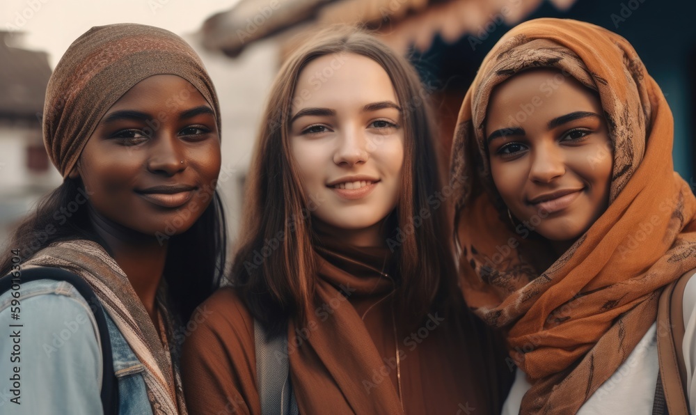 Group of three happy multiethnic friends looking at camera, generative AI Group of three happy multiethnic friends looking at camera, generative AI