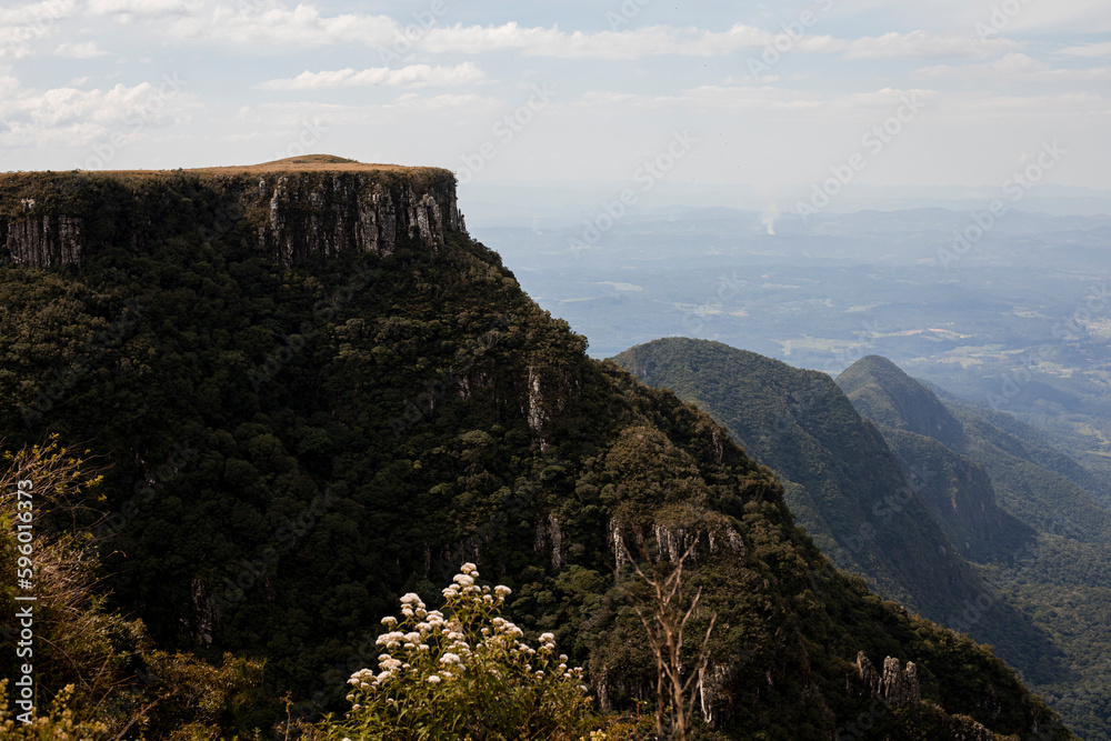 Naklejka premium Canion no Brasil com céu azul e formações rochosas com grandes montanhas