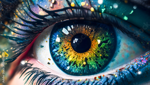 Closeup macro female eye with colorful holi make up. Beautiful fashion with creative art makeup. Generation AI