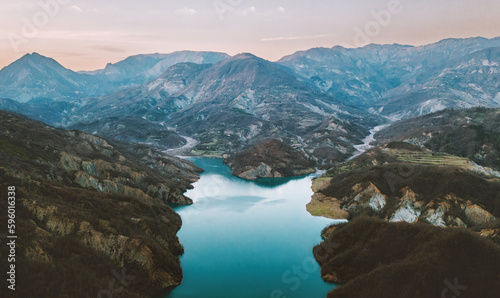Aerial view Bovilla lake and mountains landscape in Albania wilderness nature drone scenery travel Balkans beautiful destinations