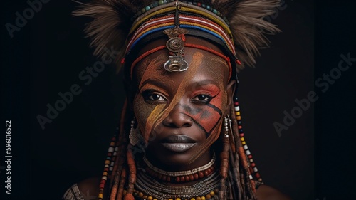 Native American lady in East Africa Put on a headpiece, tattoo your face, and paint it. AI generator