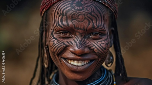 Native East African woman with a lovely grin Put on a headpiece, tattoo your face, and paint it. AI generator