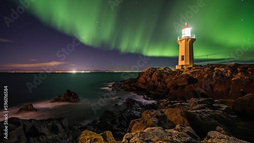 On the outskirts of Reykjavk, Iceland, The Grotta Lighthouse may be seen in a landscape photograph. AI generator