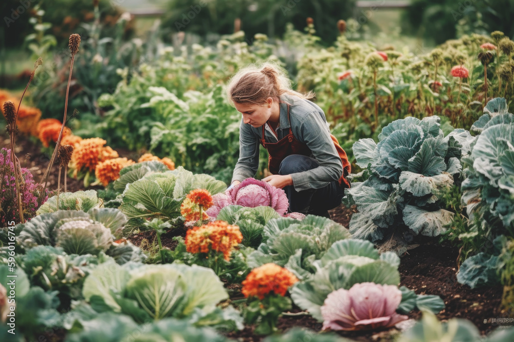 Portrait of a young woman in the garden. Self-sustaining concept of living in nature and community of more people AI generated art Portrait of a young woman in the garden. Self-sustaining concept of living in nature and community of more people AI generated art