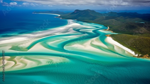 Northern Queensland's Great Barrier Reef and Whitehaven Beach are both considered natural wonders of the world. AI generator photo