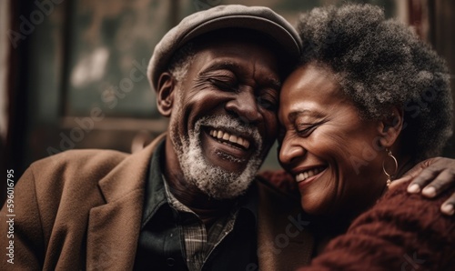 Happy senior african american man holding hands of smiling wife with closed eyes, generative AI