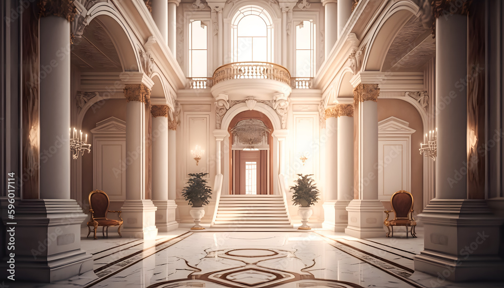 Light luxury royal posh interior in baroque style. White hall with expensive oldstyle furniture. Generation AI