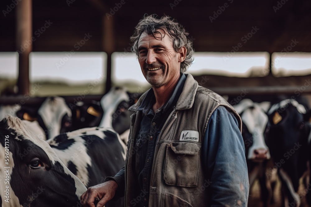 Fototapeta premium Farmer with Holstein cows on the farm. Cattle breeders. generative AI