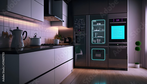 Remote automation home control system on digital tablet, Smart kitchen concept. Generation AI