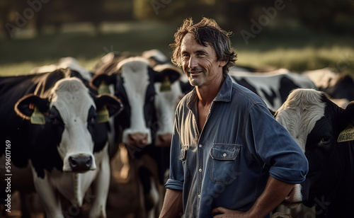 Farmer with Holstein cows on the farm. Cattle breeders. generative AI