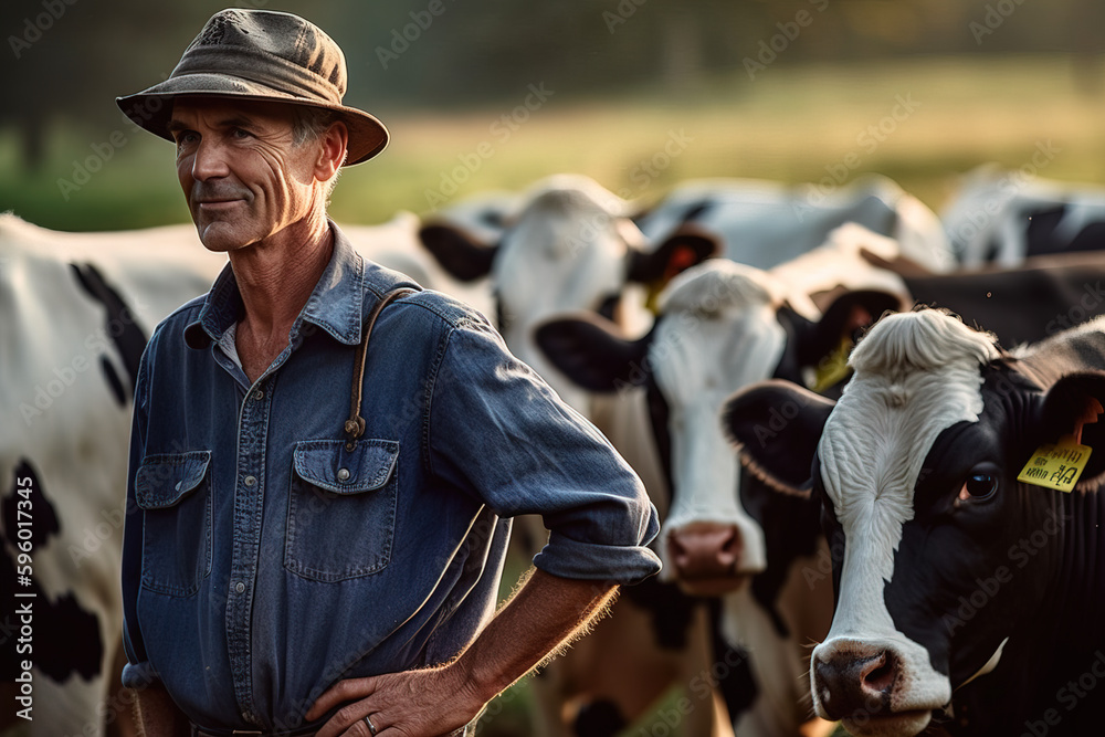 Farmer with Holstein cows on the farm. Cattle breeders. generative AI Farmer with Holstein cows on the farm. Cattle breeders. generative AI