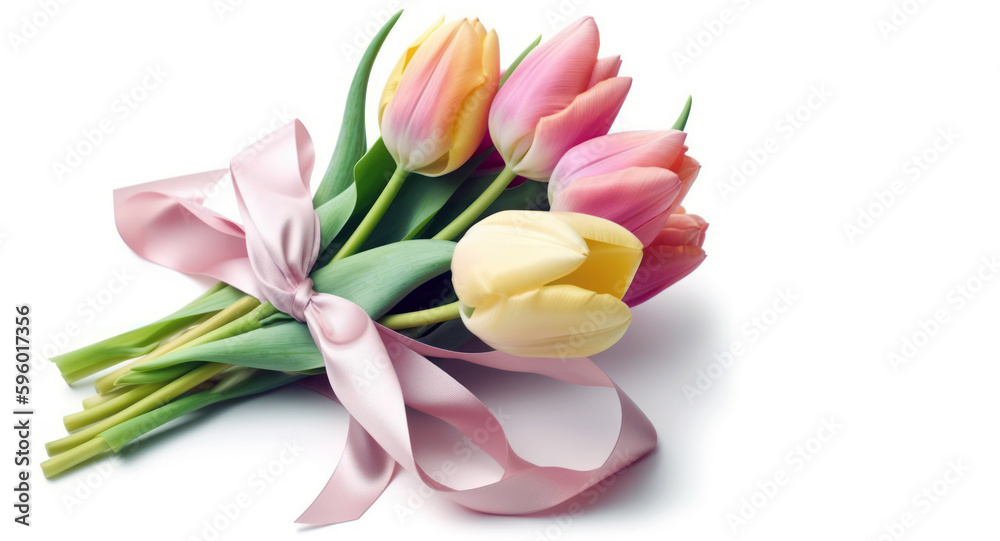 Mothers day, women day gift. Pastel colors tulips bouquet isolated on white background. Generative AI Mothers day, women day gift. Pastel colors tulips bouquet isolated on white background. Generative AI