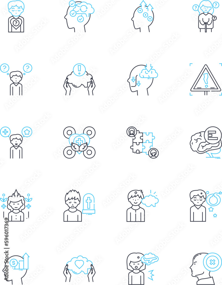 Mental state linear icons set. Anxiety, Depression, Stress, Joy, Euphoria, Motivation, Fatigue line vector and concept signs. Clarity,Confidence,Inspiration outline illustrations