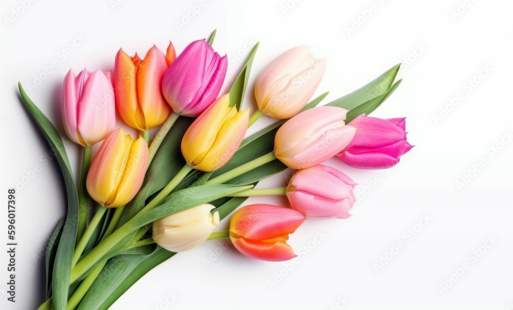 Mothers day, women day gift. Pastel colors tulips bouquet isolated on white background. Generative AI Mothers day, women day gift. Pastel colors tulips bouquet isolated on white background. Generative AI