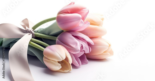 Mothers day  women day gift. Pink tulips bouquet isolated on white background. Generative AI