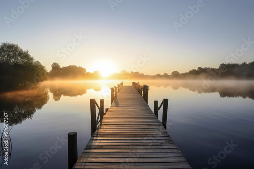 Wooden pier at the lake at sunrise. Generative AI. © eyetronic