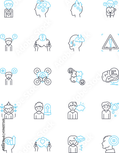 Mental state linear icons set. Anxiety, Depression, Stress, Joy, Euphoria, Motivation, Fatigue line vector and concept signs. Clarity,Confidence,Inspiration outline illustrations