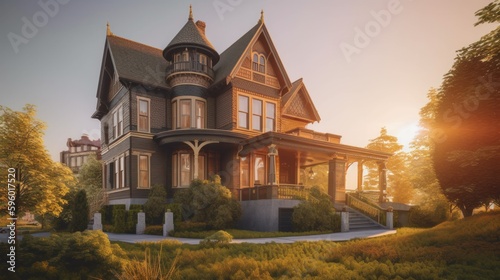 Queen anne exterior house design in daytime golden hour generative ai