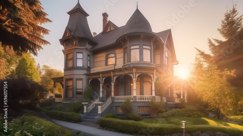 Queen anne exterior house design in daytime golden hour generative ai