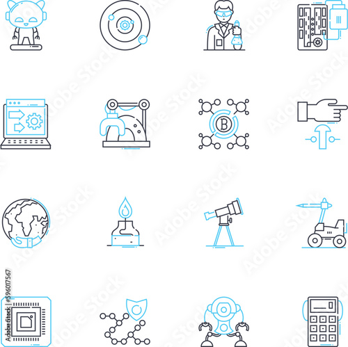 Synthetic creation linear icons set. Artificial, Constructed, Simulated, Manufactured, Engineered, Synthetic, Fabricated line vector and concept signs. Replicated,Cld,Reproduced outline illustrations