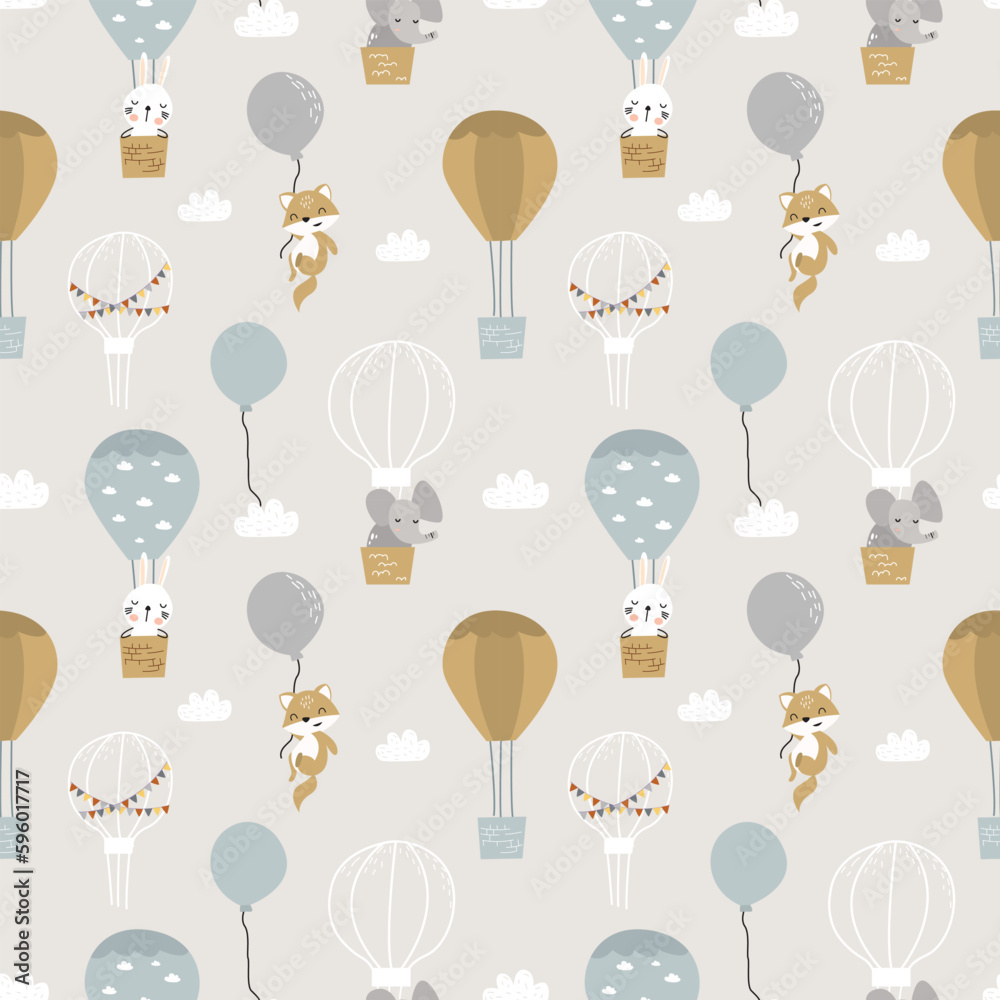 Cute, simple and unique kids seamless pattern. Creative kids texture for fabric, wrapping, textile, wallpaper, apparel etc. Foxes, rabbits and elephants fly with parachute, parachute. Cute, simple and unique kids seamless pattern. Creative kids texture for fabric, wrapping, textile, wallpaper, apparel etc. Foxes, rabbits and elephants fly with parachute, parachute.