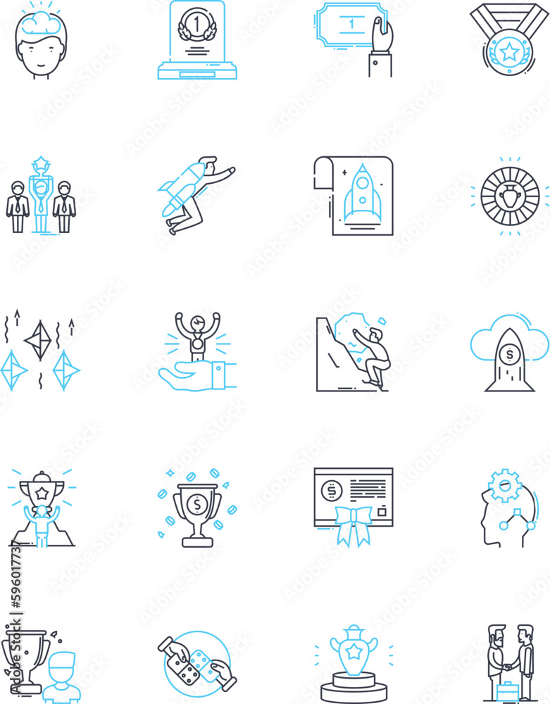 Success and accolades linear icons set. Achievement, Ambition, Accomplishment, Recognition, Elevation, Glory, Triumph line vector and concept signs. Victory,Accomplished,Fame outline illustrations