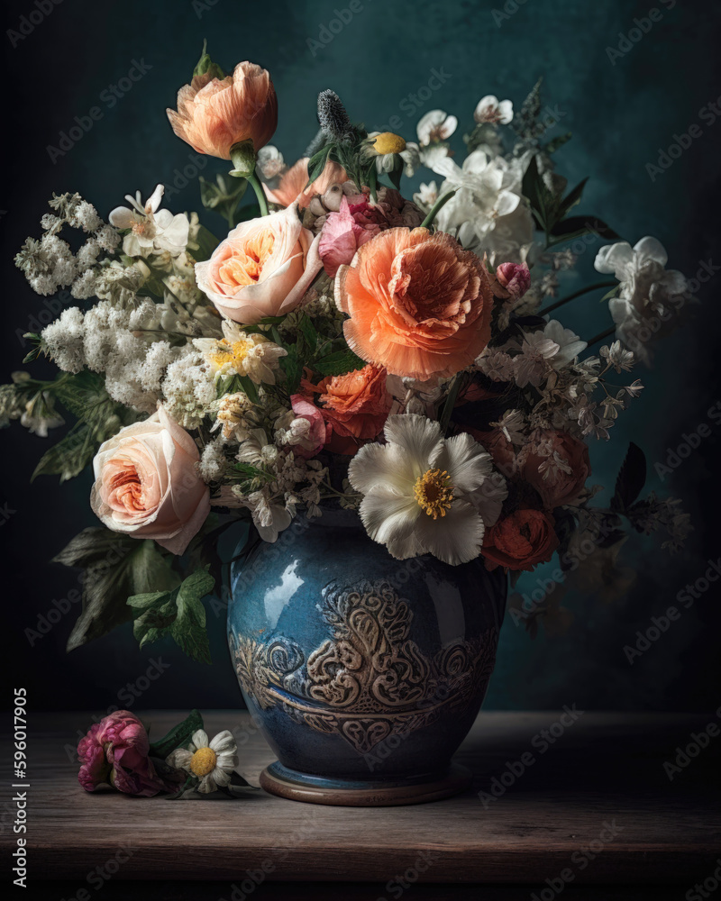 Bouquet of flowers in a vase on a dark background