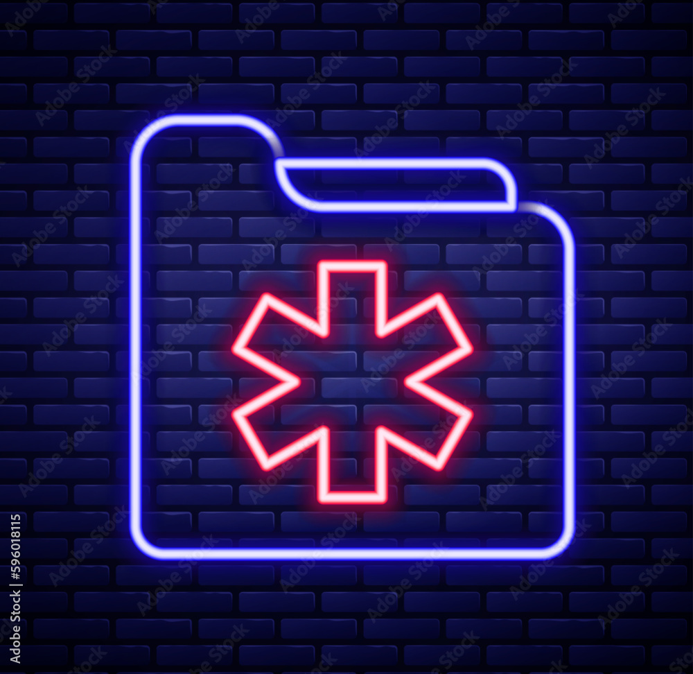 Glowing neon line Medical health record folder for healthcare icon isolated on brick wall background. Patient file icon. Medical history symbol. Colorful outline concept. Vector Glowing neon line Medical health record folder for healthcare icon isolated on brick wall background. Patient file icon. Medical history symbol. Colorful outline concept. Vector